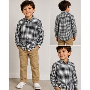 The Children's Place Boys Gingham Button Front Shirt Black White Cotton Size 7/8